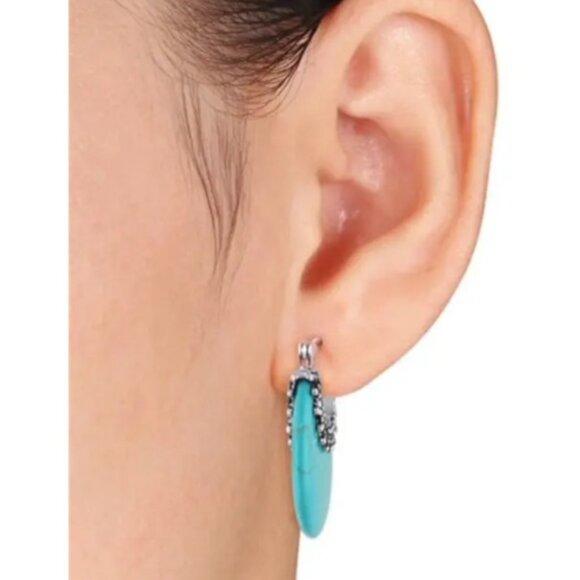 Crescent Hoop Earrings Synthetic Turquoise Stone & Silver Electro-Plated - Picture 3 of 3